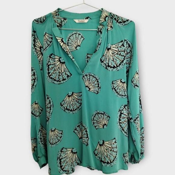 Tucker Womens Blouse Sz Large Aqua Silk Long Sleeves Coastalcore Beachy Cottagec - Picture 1 of 11